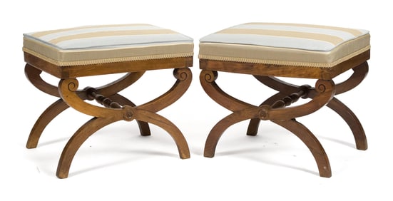 PR. 19TH C. REGENCY X-FORM WALNUT STOOLS.