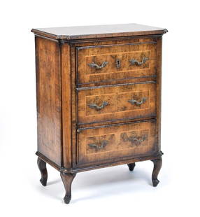 18TH C. SMALL EUROPEAN WALNUT CHEST.: A late 18th C. Continental School small walnut chest, with light banded inlays, and three dovetailed drawers with gilt bronze pulls, on short carved cabriole legs. 34”H x 25”W x 15”D