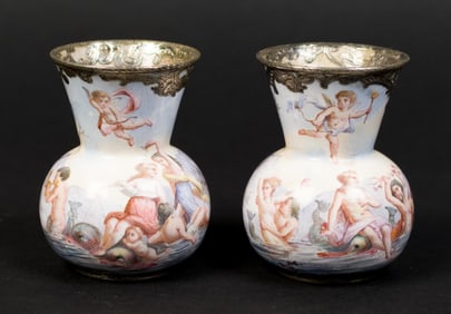 PR. VIENNESE MINIATURE SILVER AND ENAMEL VASES.