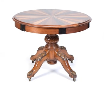ANTIQUE PEDESTAL BASE INLAID CENTER TABLE.