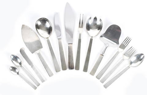 GEORG JENSEN STERLING FLATWARE SET, BERNADOTTE.: Georg Jensen sterling Bernadottee pattern flatware set, service for 8, including; (8) 7.5”L dinner forks 16.3 oz t., (8) 7”L salad forks 14.7 oz t., (8) 7.25”L tablespoons 14.8 oz t.