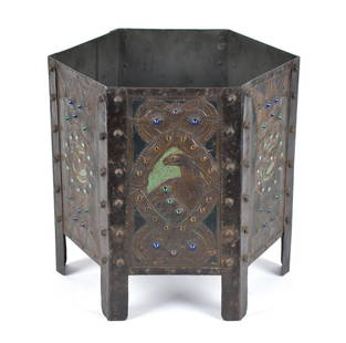 EXCEPTIONAL ALFRED DAGUET MIXED METAL JARDINIERE.: A very unusual and rare early 20th C. Alfred Daguet signed embossed copper and steel hexagonal jardiniere with mythological creatures, signed on underside, ‘AD Paris’. 12.75”H x 13&#