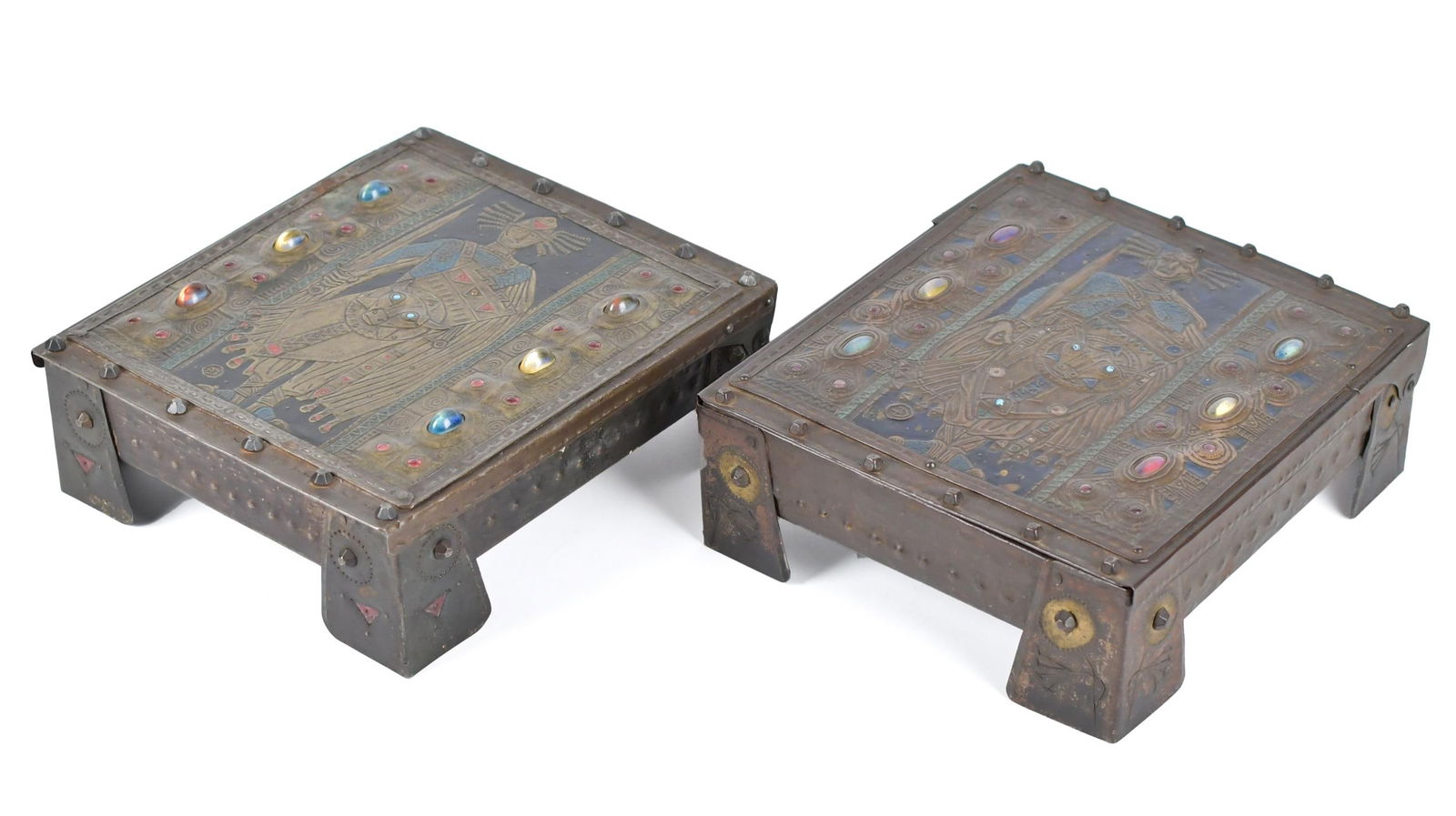 PR. OF SIGNED ALFRED DAGUET EMBOSSED COPPER BOXES.: Two very similar and nearly a pair, of early 20th C. boxes in hammered and tooled copper, each with a warrior depicted on the lid and applied glass cabochons, initialed in lids ‘AD’. 3R