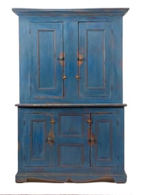 19TH C. BLUE PAINTED HUTCH CUPBOARD.