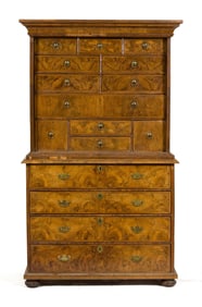 18TH C. JOHN COXED ENGLISH WALNUT CHEST ON CHEST.
