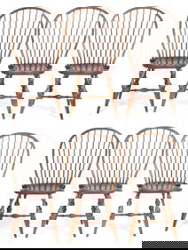 SET OF SIX DR DIMES WINDSOR DINING CHAIRS.