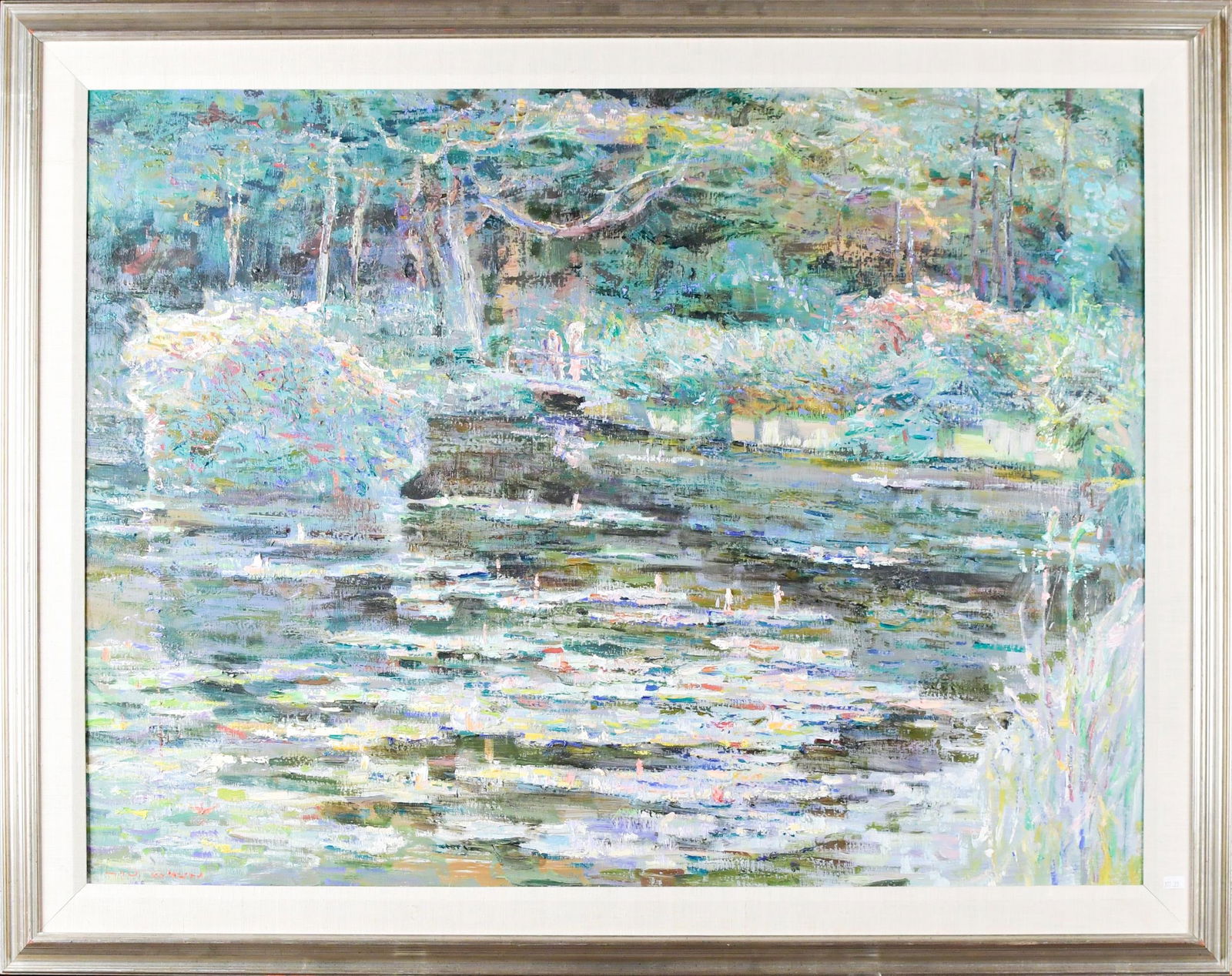 LAU CHUN OIL ON CANVAS, LOTUS POND.: Lau Chun (Cn. 1942) impressionistic oil on canvas, lotus pond with bridge, figures, and a forest in the background, reminiscent of Monet. Signed lower left. Canvas 29.5” x 39.5, Frame 36”