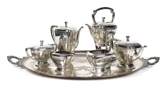 WHITING STERLING TEA SET WITH SERVING TRAY.