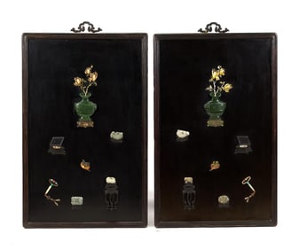 ANTIQUE CHINESE ROSEWOOD PANELS WITH HARD STONES.