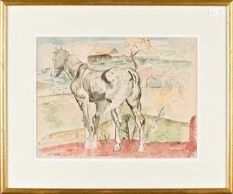 WILLIAM SOMMER WATERCOLOR, HORSES IN FARMYARD.