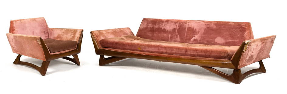 ADRIAN PEARSALL FOR CRAFT ASSOCIATES, SOFA AND CHAIR.: Vintage 20th C. designer furnishings by Adrian Pearsall for Craft Associates, each with wood bases and worn vintage upholstery.Sofa 26”H x 102.5”W x 33”D x 16.5” seat H.Chair 2