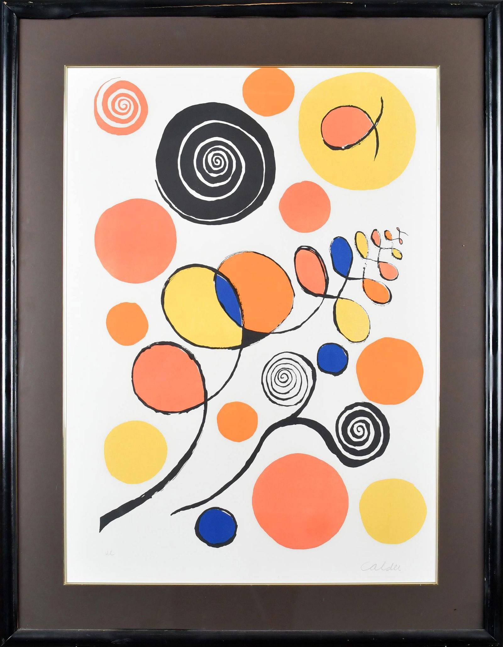 ALEXANDER CALDER LITHOGRAPH, MUSICAL VARIATIONS II.: Alexander Calder (Am. 1898-1976) lithograph, artist signed and marked ‘H.C.’ in pencil. Titled, Musical Variations II, blind stamped paper. Image 31.5” x 22.5”, Overall in frame 40&rdq