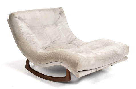 ADRIAN PEARSALL FOR CRAFT ASSOCIATES ’WAVE ROCKER’.: A vintage 'wave' style rocking chaise on walnut legs, Adrian Pearsall for Craft Associates. 31”H x 37”W x 61”D.
