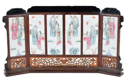 CHINESE SIX PANEL PORCELAIN TABLE SCREEN.