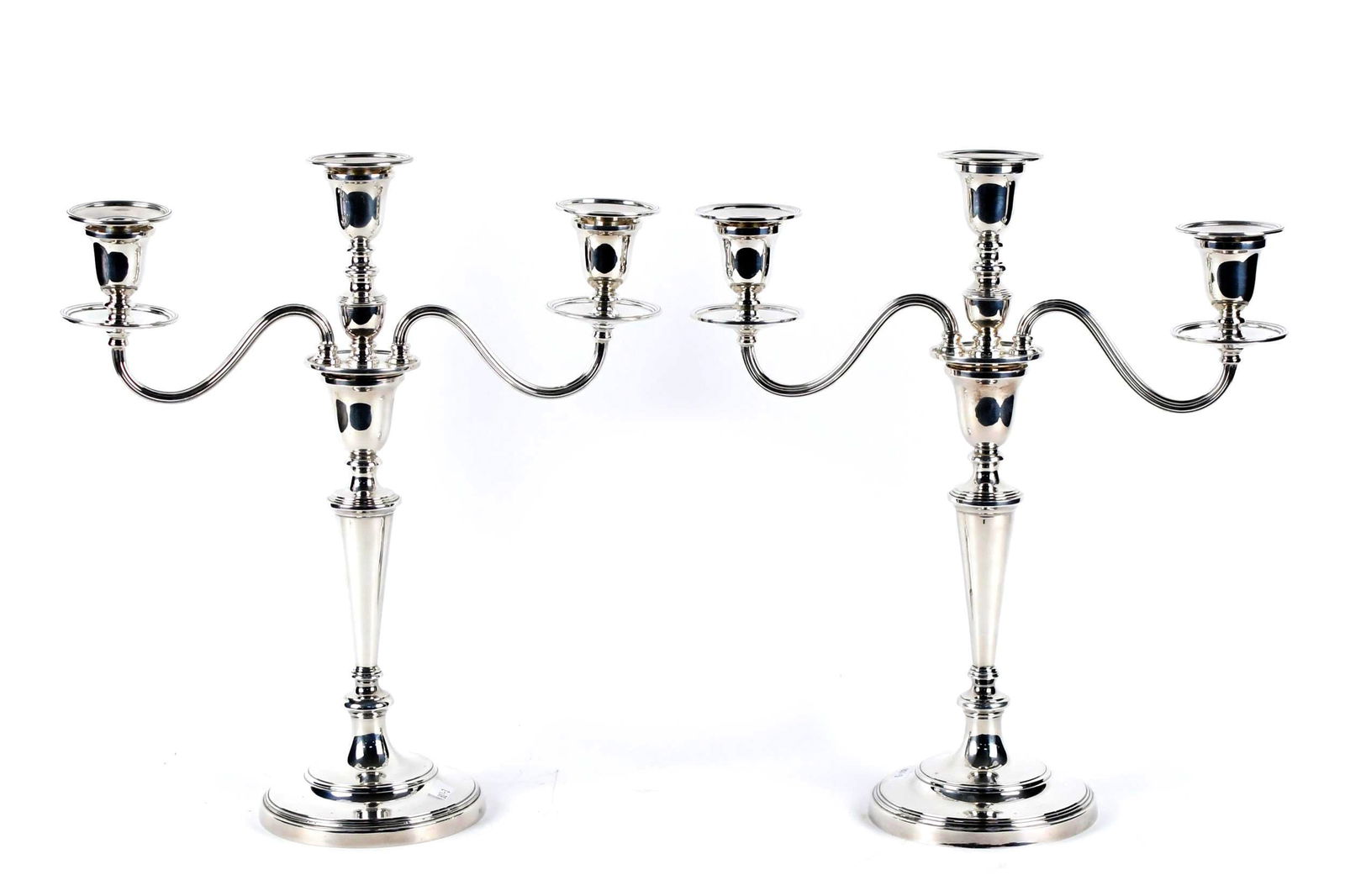 PR. RICHARD COYMNS STERLING HALLMARKED CANDELABRAS: A pair of Richard Comyns hallmarked English hollow ware sterling three branch candelabras, 15”H x 13.5”W. 70 oz t. total weight.