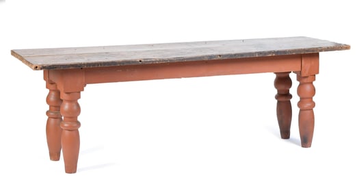 FARM TABLE WITH RED PAINTED BASE.