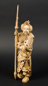 LARGE CHINESE BONE CARVING WITH JEWELS.