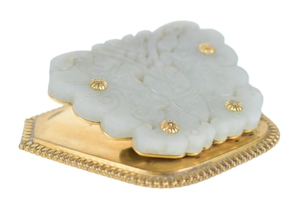 ANTIQUE CHINESE JADE AND BRONZE MEMO CLIP.