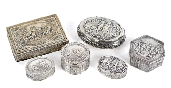SIX ANTIQUE CONTINENTAL EMBOSSED SILVER BOXES.