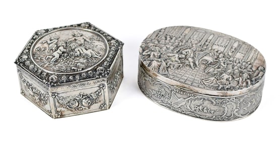 TWO ANTIQUE CONTINENTAL EMBOSSED SILVER BOXES.