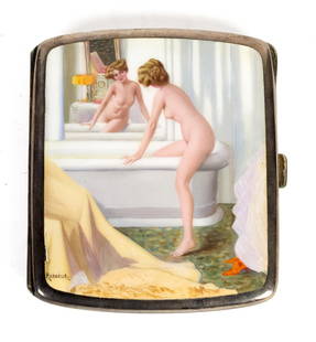 AUSTRIAN ENAMEL CIGARETTE CASE.: An antique Austrian enameled cigarette case, woman in the bath, artist signed Reznickek (Ferdinand von Reznickek, Austrian 1868-1909), marked .935 fineness. 3.5” x 3”.