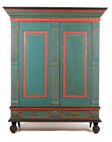 LARGE BLUE AND RED PAINTED THREE PC CABINET, 1OF 2.