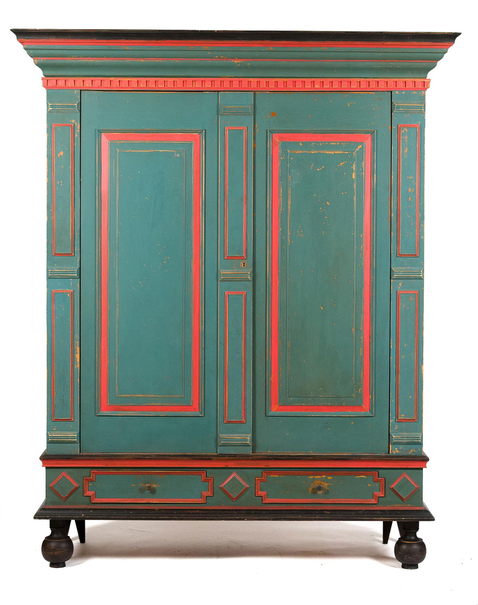 LARGE BLUE AND RED PAINTED THREE PC CABINET, 1OF 2. (1 of 8)