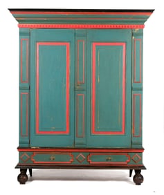LARGE BLUE AND RED PAINTED THREE PC CABINET, 2 OF2.