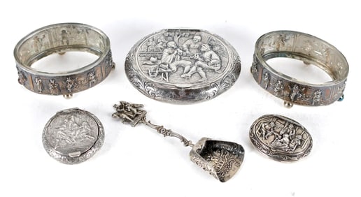 ANTIQUE CONTINENTAL SILVER BOXES AND SALTS, 6PCS.