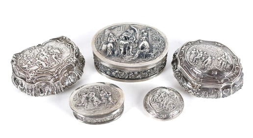 ANTIQUE CONTINENTAL SILVER BOXES, MUSICAL MOTIFS.