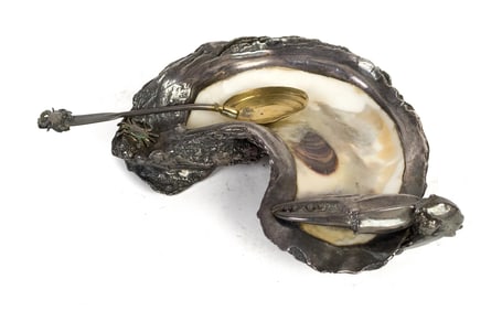 STERLING OVERLAYED OYSTER SHELL AND SPOON.