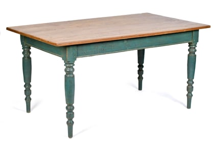 19TH C. GREEN PAINTED COUNTRY FARM TABLE.