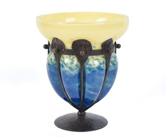 ART DECO SCHNEIDER BRONZE AND ART GLASS VASE.