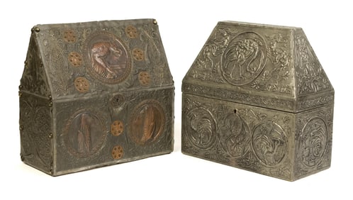 TWO ANTIQUE FRENCH EMBOSSED PEWTER JEWELRY CASKETS.