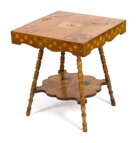 ANTIQUE INLAID FOLK ART TABLE.