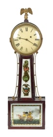 19TH C. BANJO CLOCK, NAVAL EGLOMISE TABLETS.