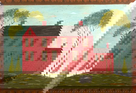 ORIGINAL WARREN KIMBLE OIL ON BARNBOARD PANEL.: An original Warren Kimble (b. 1935) oil on barn board panel, a wonderful folky depiction of a Colonial brick homestead surrounded by trees, and a curled black cat in foreground. Artist signed lower