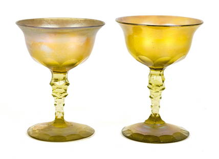 PR. TIFFANY GOLD FAVRILE WINES.: A pair of Tiffany gold favrile glass small wines, signed on bottoms L.C.T. 4”H x 3” dia.