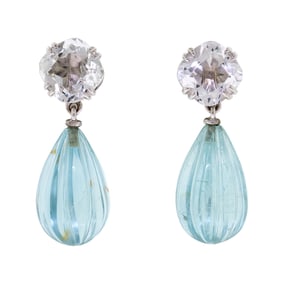 14K GOLD WHITE TOPAZ & CARVED AQUAMARINE EARRINGS.