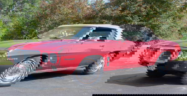 1969 PONTIAC FIREBIRD CONVERTIBLE.: A 1969 Pontiac Firebird convertible, in red with a cream interior. Automatic transmission, 350 V8. Vin # 223679U10783. Provenance: The Gordon Bagley Collection, Lebanon, NH.