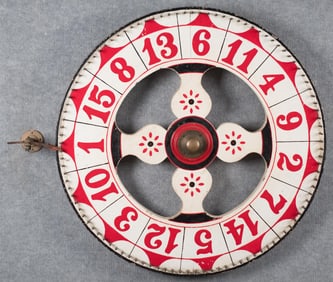 ANTIQUE PAINTED WOOD GAME WHEEL.