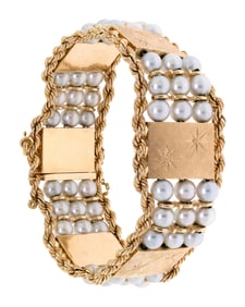VINTAGE 14K GOLD WIDE PEARL BRACELET.