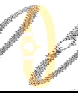 18K YELLOW GOLD WIDE ROPE BRACELET.: An 18k yellow gold hollow-form, wide rope bracelet, marked ZRW (Turkey), set with approx. .05 ct. tw. single cut round, natural diamonds of H-I color and SI clarity on the ends, 7 5/8 inches long,