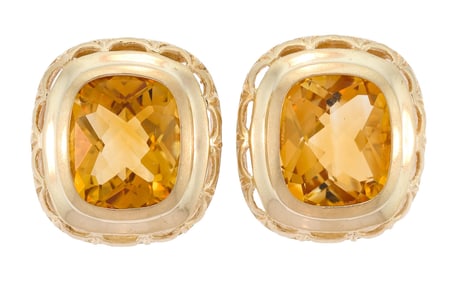 14K GOLD CHECKERBOARD TOP CITRINE EARRINGS.