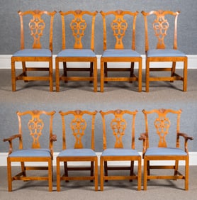 SET OF 8 ELDRED WHEELER TIGER MAPLE DINING CHAIRS.