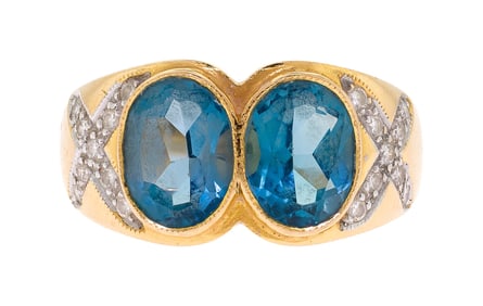 21K GOLD TWIN BLUE TOPAZ & DIAMOND RING.