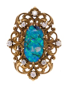 ANTIQUE 14K GOLD OPAL & DIAMOND RING.