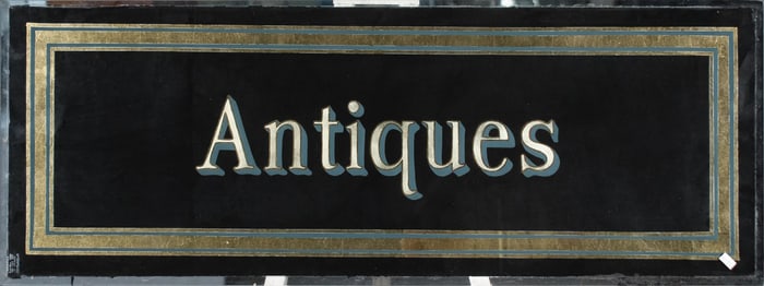VINTAGE REVERSE PAINTED GLASS SIGN, ANTIQUES.