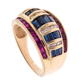 14K GOLD SAPPHIRE, RUBY & DIAMOND CIGAR BAND.