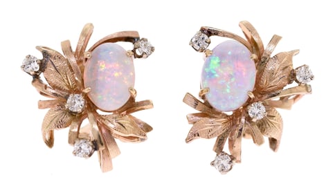 VINTAGE 14K GOLD OPAL & DIAMOND CLIP-ON EARRINGS.